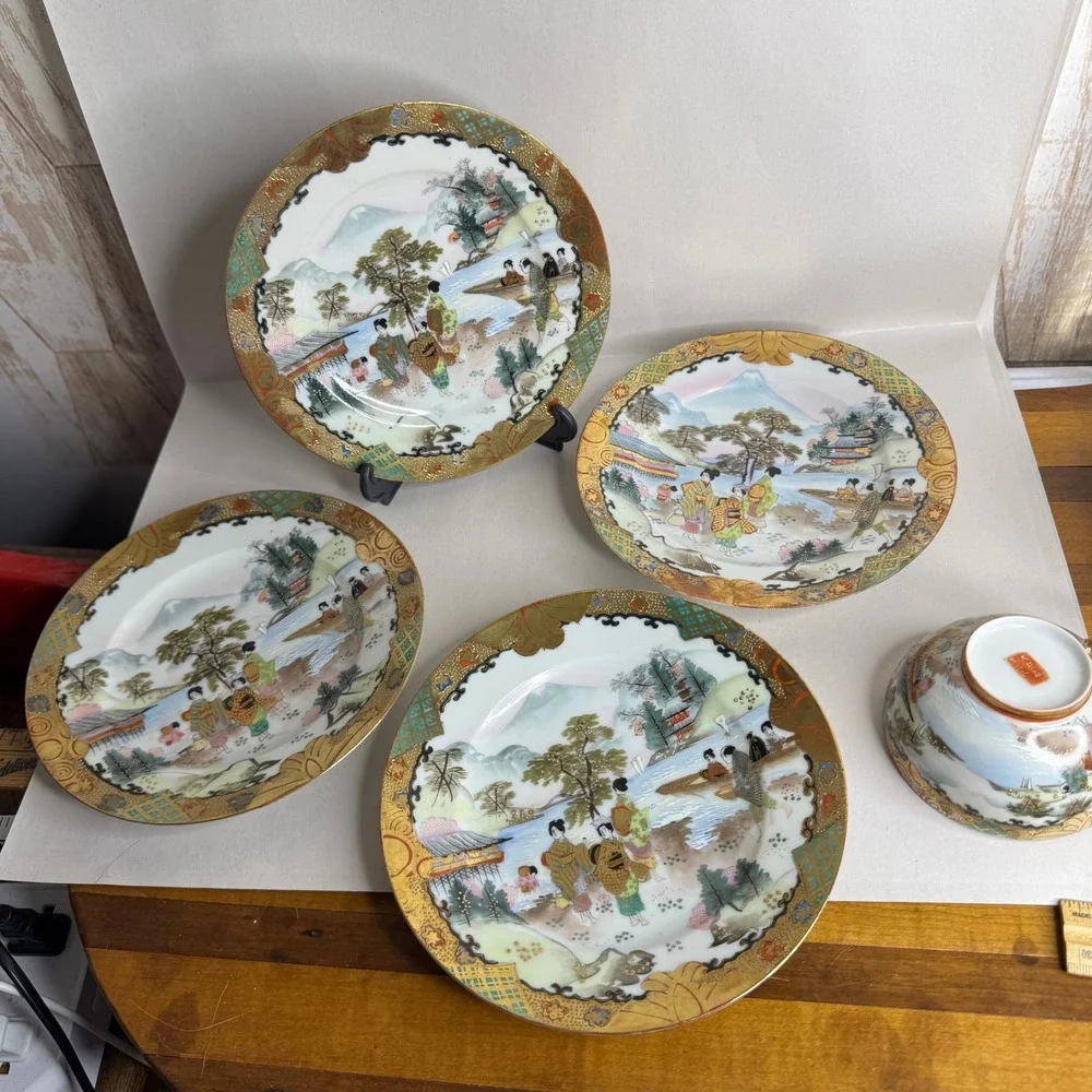 Vintage 5-Pc Kutani Japanese Eggshell Porcelain Teacup & Bread‎ Plates Gold Gilt